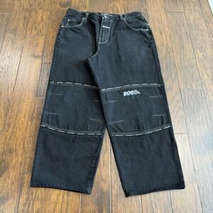 VTG Boss Jeans Men 36x30 Black Denim Y2k Double Knee Wide Leg Baggy Loose Skate